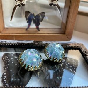 Vintage made in Austria AB molded glass circle blue green clip on earrings